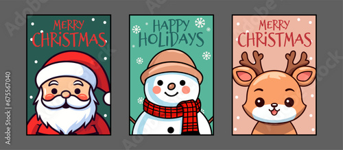 Festive Set Collection of Snowman, Santa Claus, and Reindeer Vector Cartoon Characters for Merry Christmas Greeting Cards