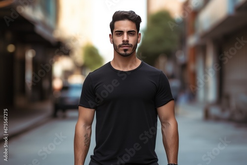 Shirt mockup. Young male model. Sleek t-shirt.