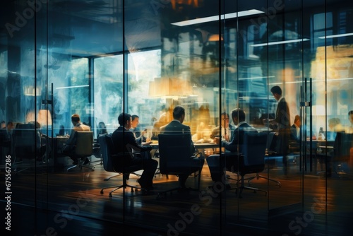 People in glass offices working in a conference room. Business meeting. Team of professionals.