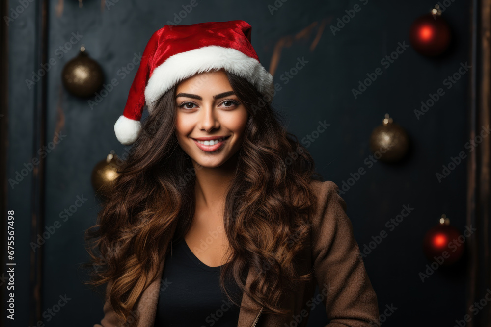 Attractive smiling woman wearing Santa hat on dark festive background. Portrait of beauty adult girl, female person with long hair. Concept of Christmas, beauty, people, model Attractive smiling woman wearing Santa hat on dark festive background. Portrait of beauty adult girl, female person with long hair. Concept of Christmas, beauty, people, model