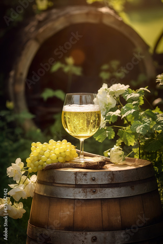 glass with white wine on grape ripe farm background, winery concept