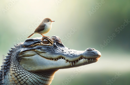 Tiny bird and gentle alligator share a serene gaze, an endearing snapshot of unexpected companionship.