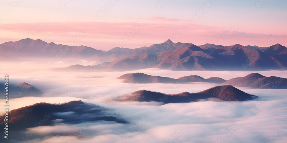 Morning Tranquility Sun Rising over Misty Chinese Peaks,,
Serenity in the Mist  Chinese Mountain Sunrise