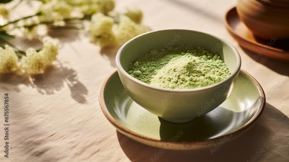 Generative AI, Green matcha tea powder and drink, muted neutral colors. Traditional Japanese tea
Generative AI, Green matcha tea powder and drink, muted neutral colors. Traditional Japanese tea