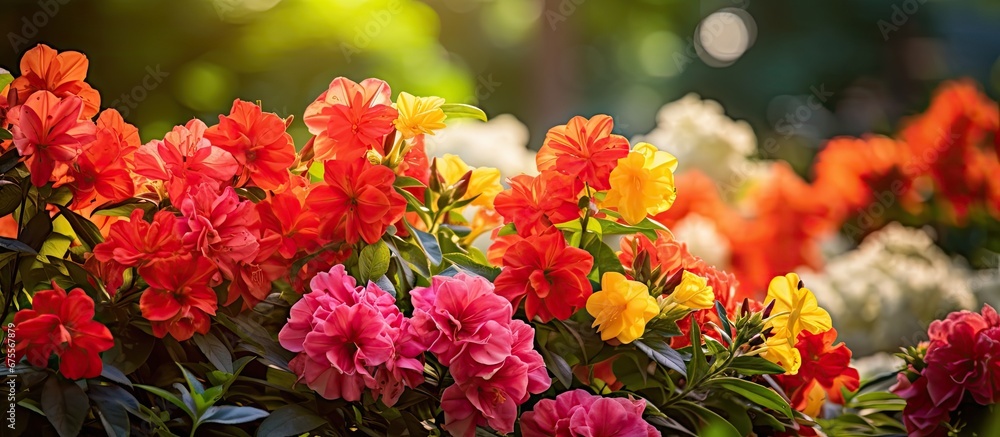 In the vibrant summer garden the backdrop of lush green leaves and blooming flowers fills my heart with joy as the colorful red and orange floral display accentuates the beauty of nature in In the vibrant summer garden the backdrop of lush green leaves and blooming flowers fills my heart with joy as the colorful red and orange floral display accentuates the beauty of nature in