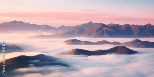 Morning Tranquility Sun Rising over Misty Chinese Peaks   Serenity in the Mist  Chinese Mountain Sunrise