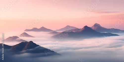 Sunrise And Fog Over Chinese Mountains Background,,, Majestic Sunrise  Chinese Mountains in Morning Fog © Nabeel