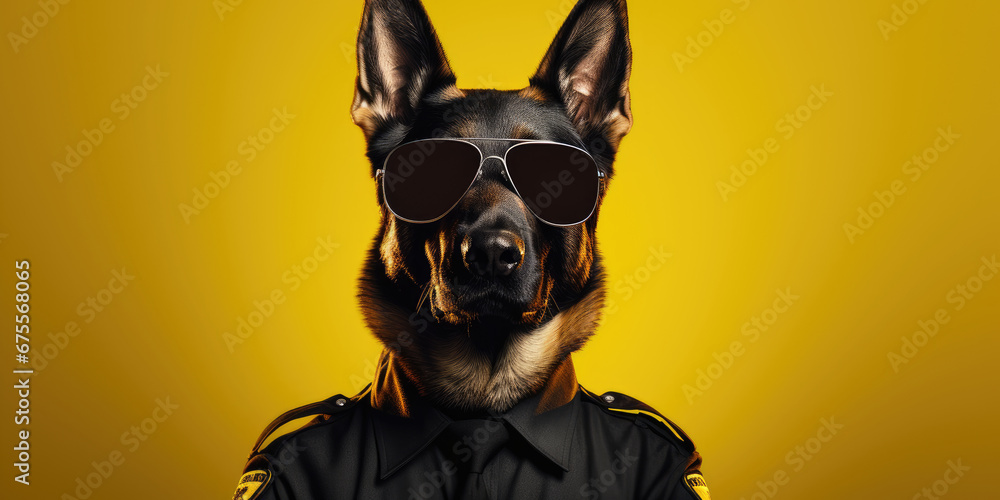 A German Shepherd, dressed as a security officer, stands confidently with sunglasses, offering wide banner space for text. A German Shepherd, dressed as a security officer, stands confidently with sunglasses, offering wide banner space for text.