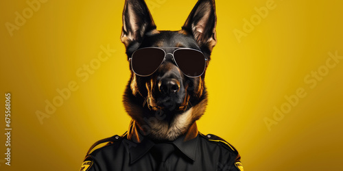 A German Shepherd, dressed as a security officer, stands confidently with sunglasses, offering wide banner space for text. © B & G Media