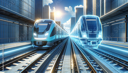 Digital twin concept of train. Wireframe rendering of train and mirrored physical body side by side. 3d rendering and holographic representation on a futuristic urban background. © Tam