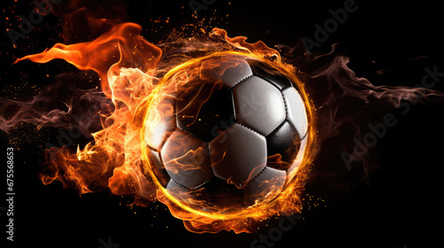 This striking image features a sport ball blazing with fire against a deep black backdrop  symbolizing the intensity and fervor of sports.