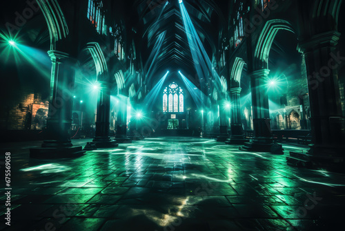 An underground techno-gothic temple adorned with holograms