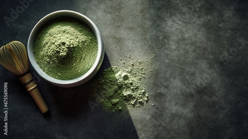 Generative AI, Green matcha tea powder and drink, muted neutral colors. Traditional Japanese tea. photo