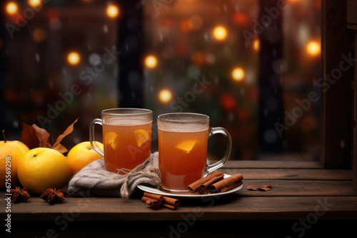 Picture of warming autumn drinks enjoyed during cold, rainy weather, embracing the hygge concept.