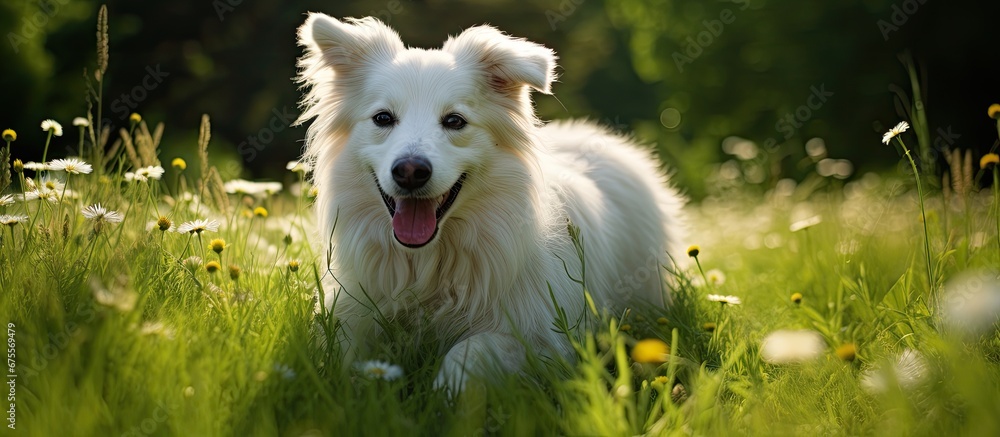 In the summer against the backdrop of a beautiful green garden a dog happily frolics in the grass its white fur blending with the purity of nature s beauty while a portrait captures the love In the summer against the backdrop of a beautiful green garden a dog happily frolics in the grass its white fur blending with the purity of nature s beauty while a portrait captures the love