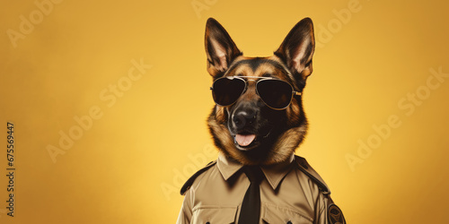 A German Shepherd, dressed as a security officer, stands confidently with sunglasses, offering wide banner space for text. © B & G Media
