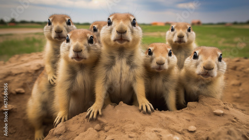A cute group of curious prairie dogs on a mound of dirt. photo