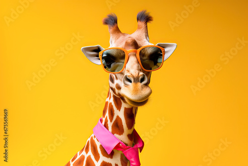 The Dapper Giraffe: A Fashionable, Sunglasses-Clad Giraffe Rocking a Pink Bow Tie