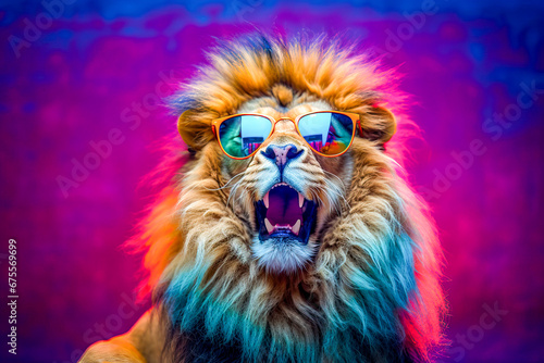 The King of Cool  A Lion Rocking Sunglasses and Surrounded by Vibrant Colors