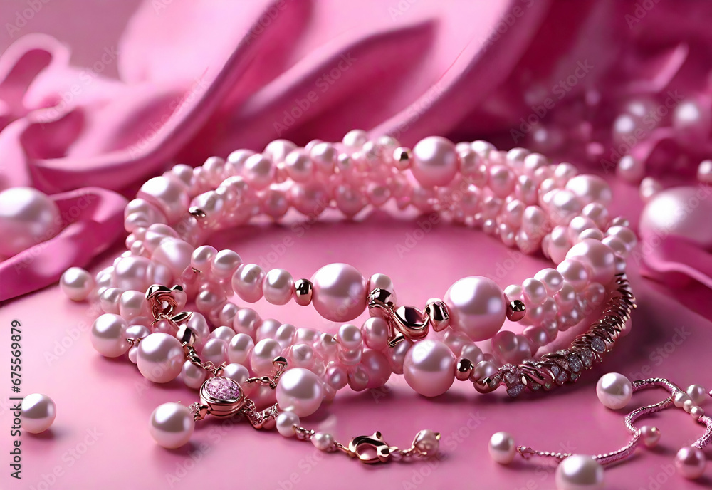 Fototapeta premium Pearls of Elegance A Graceful Pearl Bracelet, Pink Bracelet