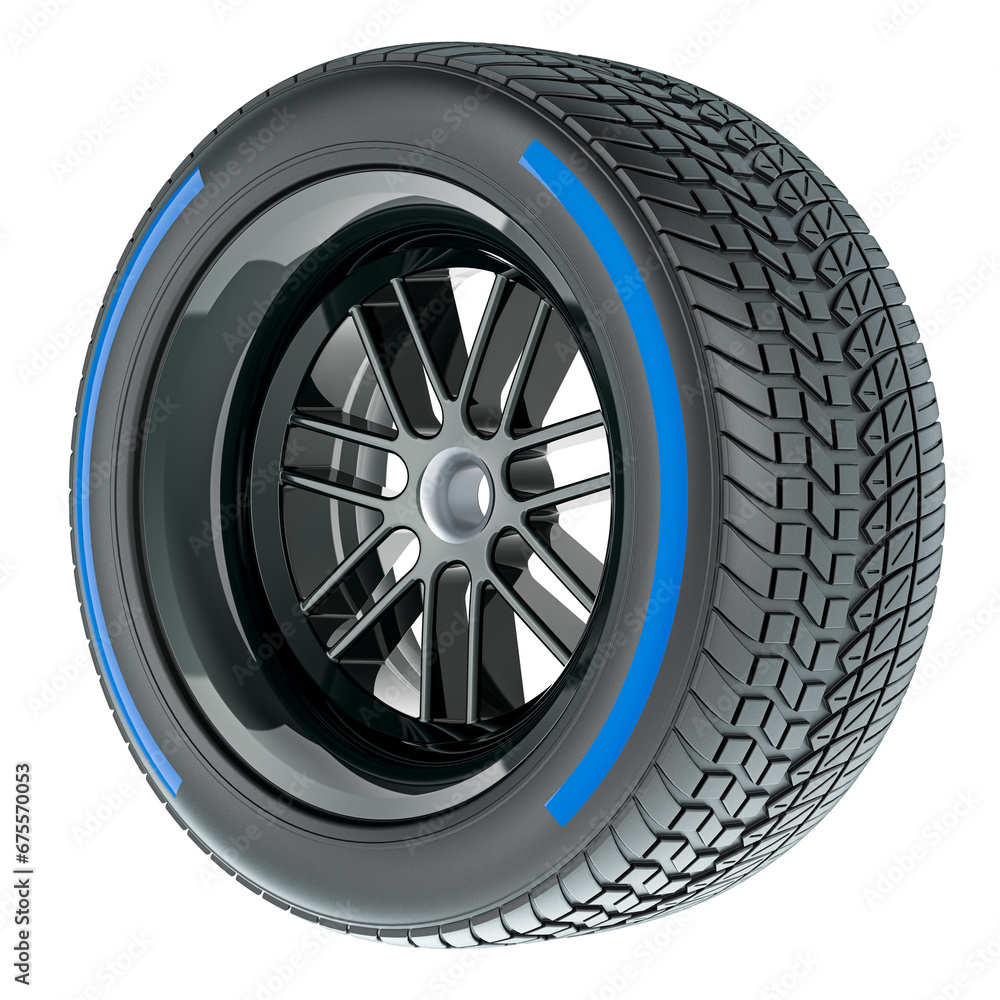 Racing Wheel with Blue Wet, compound type tyre, 3D rendering isolated on transparent background
