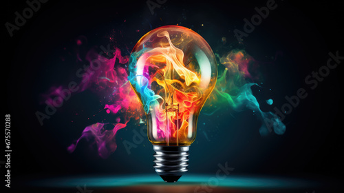 Exploding light bulb with vibrant paint splashes on a black background. Creative idea concept of thinking differently.