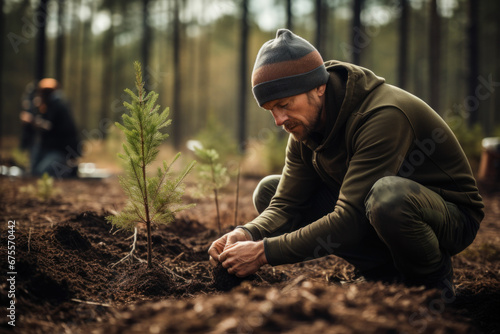 A dedicated environmentalist planting trees in a reforestation project, promoting conservation and sustainability. Generative Ai.