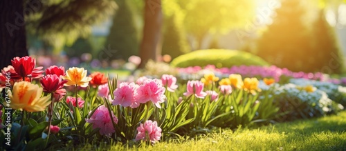 In the spring with a lush green grass background colorful flowers bloom under the vibrant sun in the nature filled garden creating a picturesque scene of health and vitality