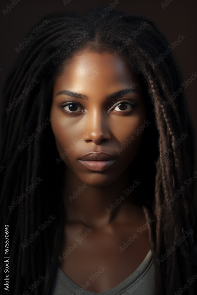 Beautiful afro american young woman in gray t-shirt, afro hairstyle portrait, not smiling, background color brown Beautiful afro american young woman in gray t-shirt, afro hairstyle portrait, not smiling, background color brown