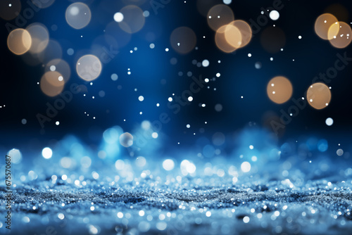 Winter dark blue blurred background with beautiful golden bokeh. Blank for product presentation with copy space
