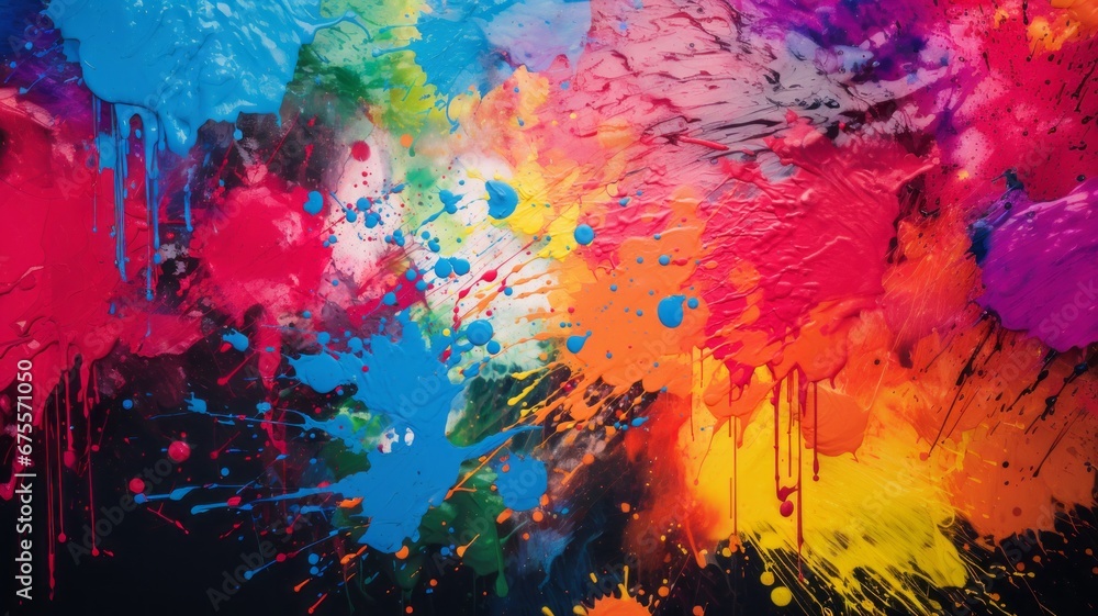 Fototapeta premium colorful paint splatters, abstract with empty ground in foreground