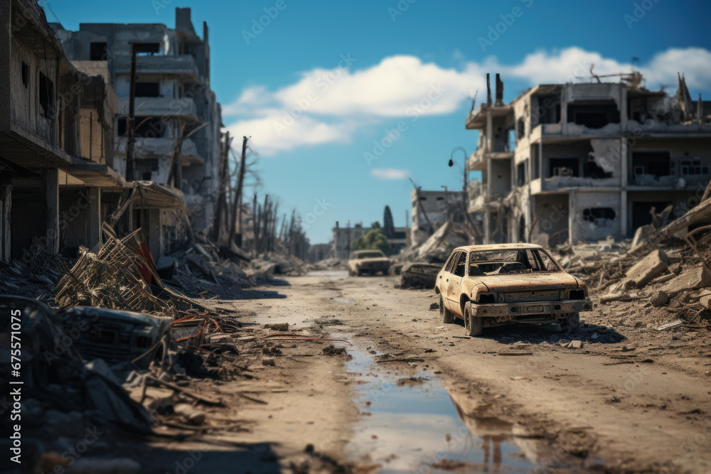 A war-torn neighborhood, underscoring the devastating consequences of conflict. Generative Ai.
