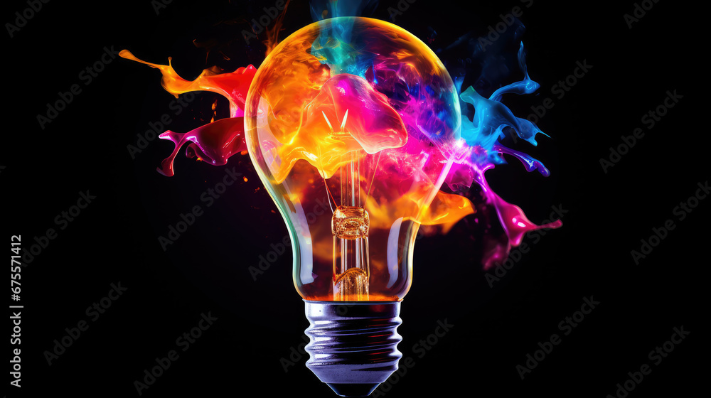Exploding light bulb with vibrant paint splashes on a black background. Creative idea concept of thinking differently. Exploding light bulb with vibrant paint splashes on a black background. Creative idea concept of thinking differently.
