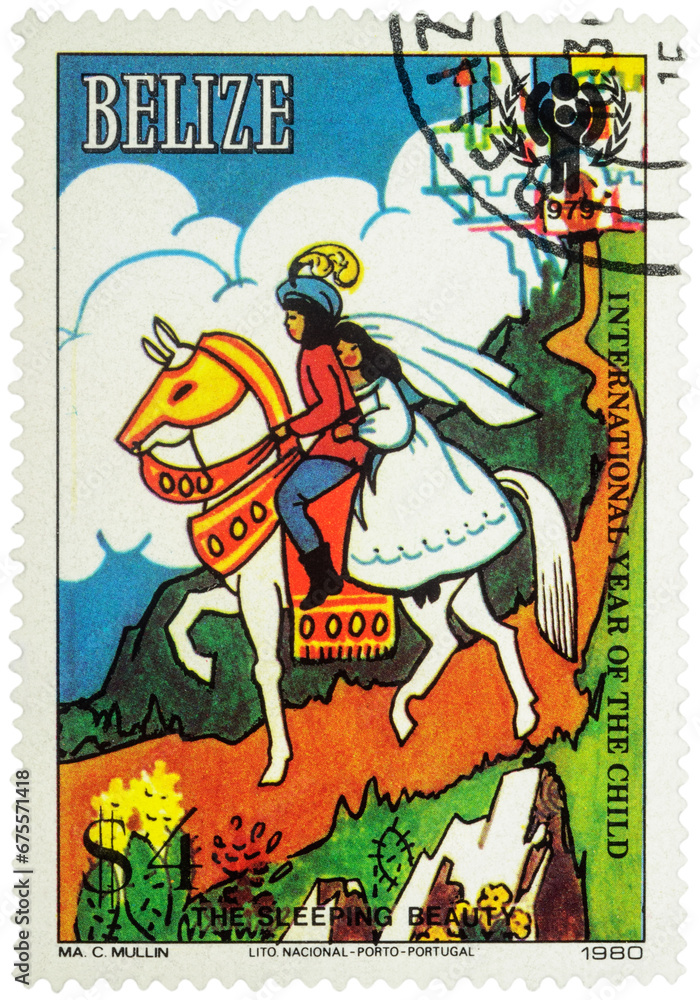 Prince with princess at horse - scene from a fairy tale on postage stamp