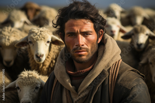 A shepherd with his flock of sheep, emphasizing the importance of pastoral traditions. Generative Ai.