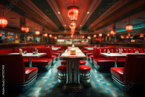 A classic American diner with checkered floors and neon signs, representing the quintessential American dining experience. Generative Ai. © Sebastian
