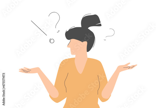 A woman is shrugging with a curious expression. hand drawn style vector design illustrations.