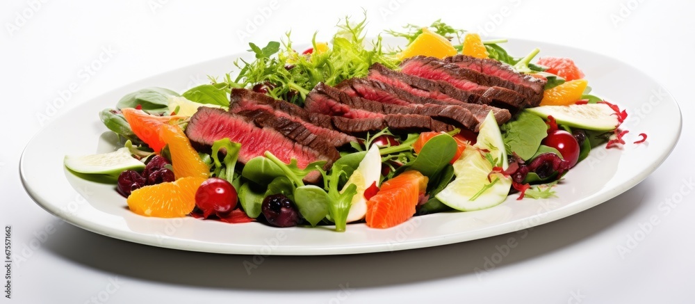 In the white and green themed restaurant the autumn background complements the healthy plate of red meat salad showcasing the nutritious combination of fruits and vegetables In the white and green themed restaurant the autumn background complements the healthy plate of red meat salad showcasing the nutritious combination of fruits and vegetables