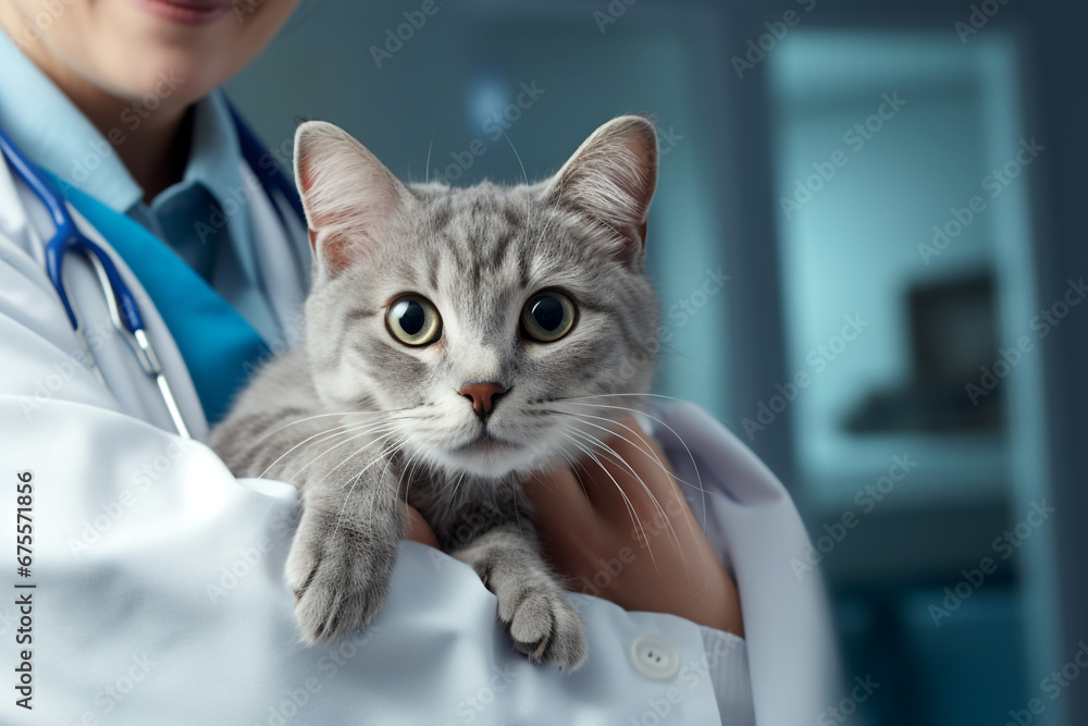 Grey Striped Cat in the Hands of a Veterinarian Doctor