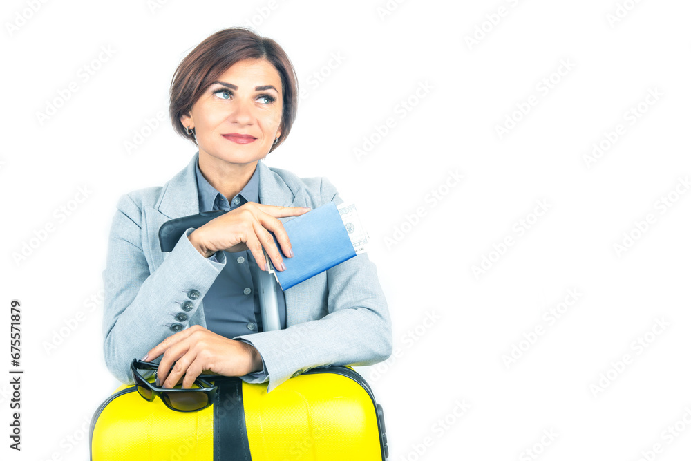 Happy beautiful business woman with passport and baggage going on a trip Happy beautiful business woman with passport and baggage going on a trip