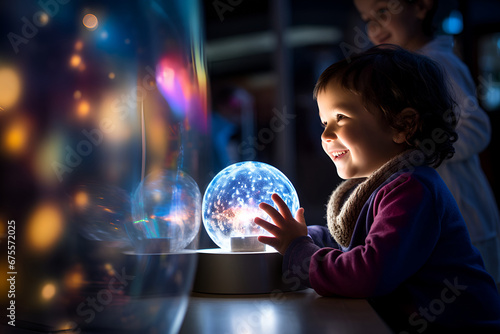 Enchanted Gaze: A Young Explorer's First Encounter with the Mysteries of Plasma ball. future museum