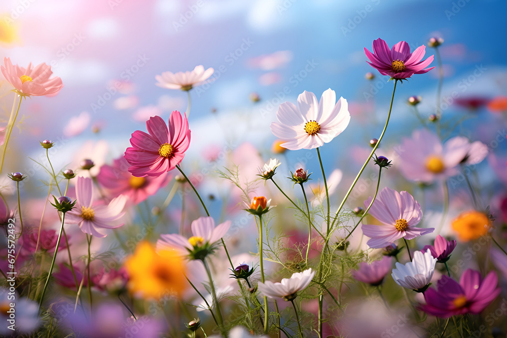 Field of Colorful Flowers Under a Clear Blue Sky Field of Colorful Flowers Under a Clear Blue Sky
