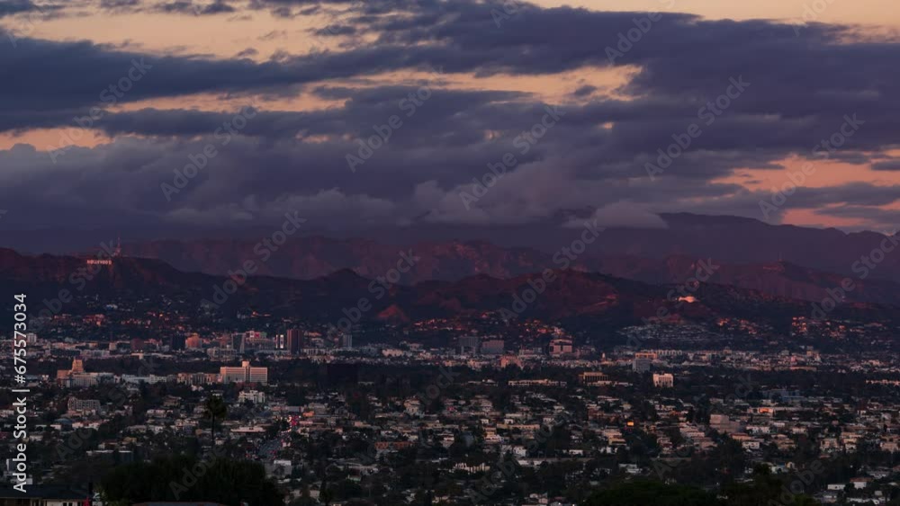 Hollywood and Los Angeles Sunset to Night Telephoto Pan L California USA Hollywood and Los Angeles Sunset to Night Telephoto Pan L California USA