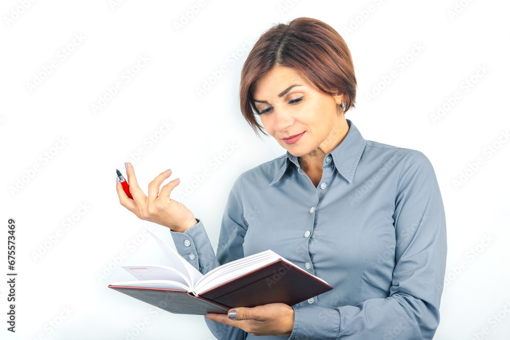 business woman with notebook in hands on a white background business woman with notebook in hands on a white background