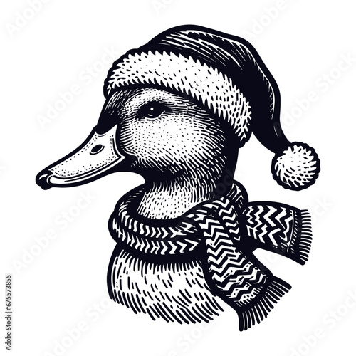 duck wearing a Santa Claus hat and scarf Christmas sketch photo