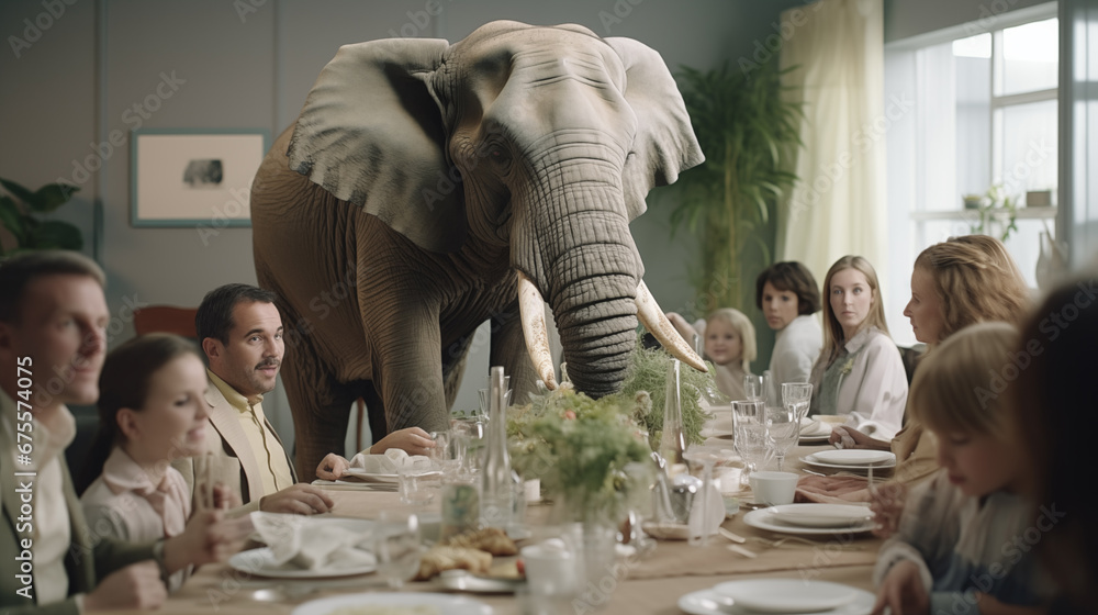 Group of Family and Friends At The Dinner Table Ignoring The Elephant in the Room. Generative AI. - obrazy, fototapety, plakaty 