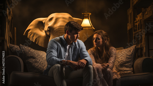 A Young Couple Sitting Uncomfortably On The Couch Together Ignoring the Elephant In The Room. Generative AI.
