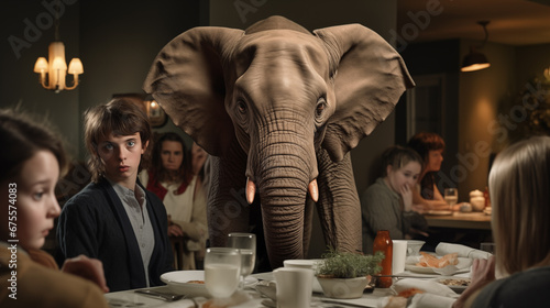 Group of Family and Friends At The Dinner Table Ignoring The Elephant in the Room. Generative AI. photo