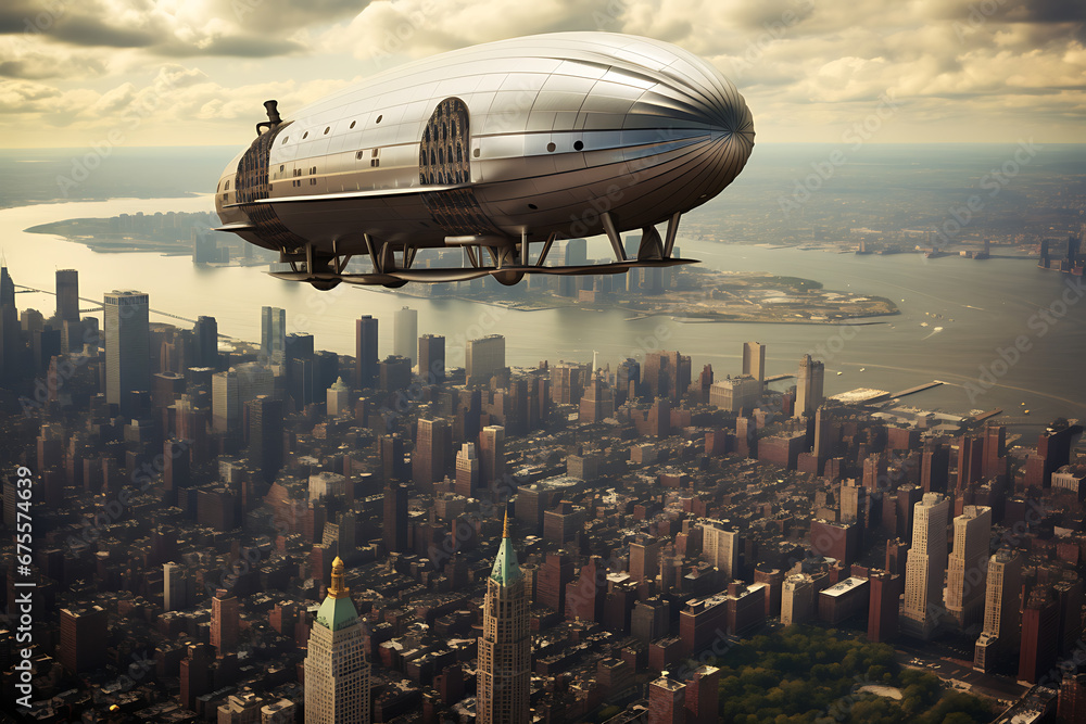 Zeppelin over big city with skyscrapers, flight, flying zeppelin Zeppelin over big city with skyscrapers, flight, flying zeppelin
