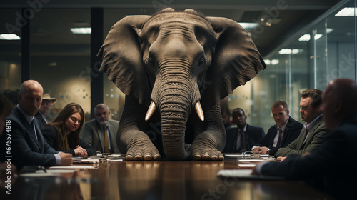Board Meeting With Several Staff Members Ignoring The Large Elephant In The Room. Generative AI.
